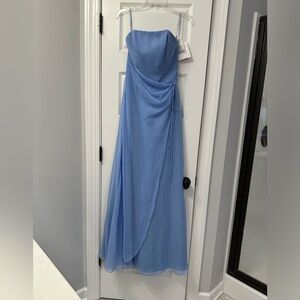 Mori Lee Blue Asymmetrical Ruched Strapless Gown